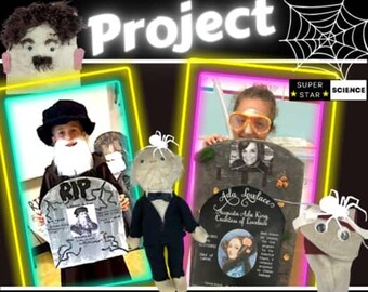 Op de afbeelding: Een promotieafbeelding voor een wetenschappelijk project getiteld "Spooky Scientists". De afbeelding toont kinderen verkleed als wetenschappers, die grafsteen-vormige borden met portretten vasthouden. De tekst "Research & Present" staat onderaan, met de woorden "Spooky Scientists Project" bovenaan.