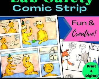 Op de afbeelding: Een kleurrijke strip met de titel "Lab Safety Comic Strip" met illustraties over laboratoriumveiligheid. De tekst bevat "Fun & Creative!" en "Print & Digital". De onderste banner luidt "SCIENCE PROJECT".