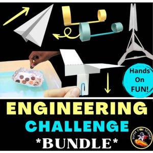 Puede incluir: Imagen con el texto "Engineering Challenge *Bundle*". La imagen muestra aviones de papel, una estructura de papel y un barco de papel de aluminio. Las palabras "Hands On FUN!" están en un círculo azul.