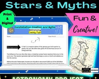 Op de afbeelding: Een digitaal astronomieproject getiteld "Constellations Stars & Myths" met een laptop waarop een werkblad over het maken van sterrenbeelden wordt weergegeven. De afbeelding bevat de tekst "Fun & Creative!" en een sterrenbeeldillustratie.