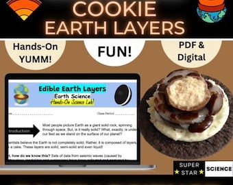 Op de afbeelding: Een educatieve afbeelding die een "Edible Earth Layers" wetenschapsproject promoot. De afbeelding toont een laptop met een webpagina over aardlagen, een koekje dat is ontworpen om op aardlagen te lijken, en de tekst "Hands-On YUMM!" en "FUN!"