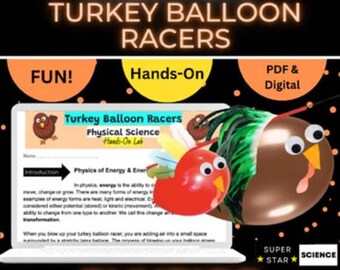 Op de afbeelding: Een digitale educatieve bron getiteld "Turkey Balloon Racers" met een cartoon kalkoen ballon. De afbeelding bevat de woorden "Fall Fun" en "Physics". De bron is ontworpen voor hands-on leren en is beschikbaar in PDF-formaat.