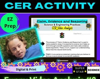 Op de afbeelding: Een digitale en print wetenschapsactiviteit getiteld "Funny Video Analysis #2". De afbeelding toont een kind, tekst over "Claim, Evidence, and Reasoning" en de woorden "Science CER Activity" in groen en blauw.