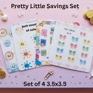 May include: A set of four square savings challenge cards titled Pretty Little Savings Set, each measuring 3.5cm by 3.5cm. The cards feature colourful illustrations of paint splatters, books, and ribbons with currency symbols and numerical values.