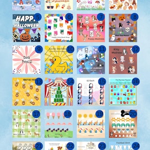 May include: A collection of twenty-four square mini challenge tracker cards measuring 8.89x8.89 cm. Each card features unique colourful illustrations, themes like seasons, animals, and games, and numbered circles for tracking progress with currency symbols.