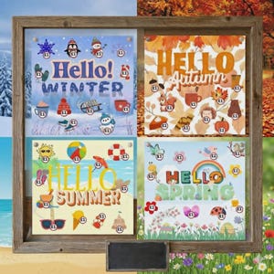 May include: A framed artwork with four seasonal panels. Each panel says "Hello" followed by a season's name. Winter, Autumn, Summer, and Spring are depicted with relevant illustrations. A small chalkboard is at the bottom of the frame.