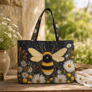 Könnte beinhalten: Eine schwarze Tragetasche mit einer Stickerei einer großen Hummel in der Mitte. Die Tasche ist mit weißen Gänseblümchen, gelben Wildblumen und kleinen goldenen Sternen verziert. Sie verfügt über zwei passende schwarze Stofftragegriffe.