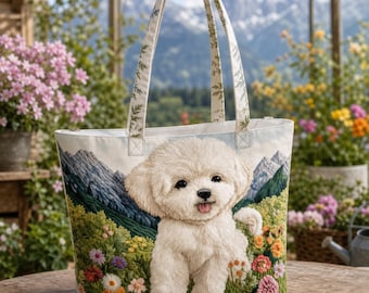 Bichon Tote Bag: Patchwork Puppy Garden Floral Double-Sided All-Over Print | Dog Lovers Collection
