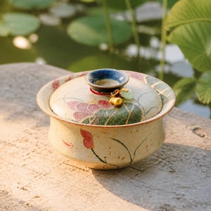 May include: A ceramic tea bowl with a matching lid, featuring a speckled cream-colored base decorated with hand-painted pink lotus flowers and green leaves. The lid has a blue rim and a small gold-toned charm with a pale green bead attached.