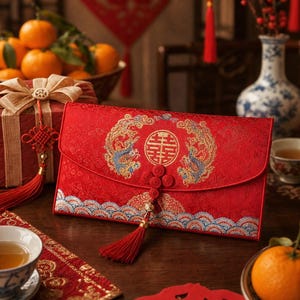 中国の結婚式や茶道で使う、刺繍入りの錦織の赤い封筒 | 中国の祝祭コレクション