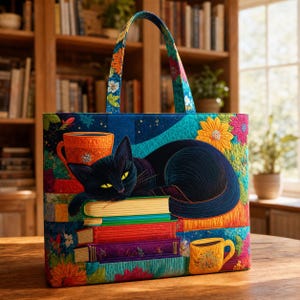 Literary Black Cat Tote Bag: Cozy Library Books Floral Double-Sided All-Over Print | Mystical Cats Collection