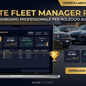 Może przedstawiać: Ekran laptopa wyświetla pulpit nawigacyjny "ELITE FLEET MANAGER PRO", prezentujący dane finansowe i wielkość floty. Obraz zawiera złoty puchar i flotę samochodów w tle. Tekst brzmi "Total Profit €1.350" i "ROI Status POSITIVE."