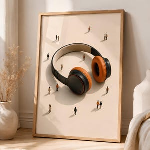 Op de afbeelding: Een ingelijste muurkunstprint met een zwarte en oranje over-ear hoofdtelefoon gecentreerd op een lichtbeige achtergrond, omringd door verschillende kleine figuren van mensen die in verschillende richtingen lopen, wat een surrealistisch schaalcontrast creëert.