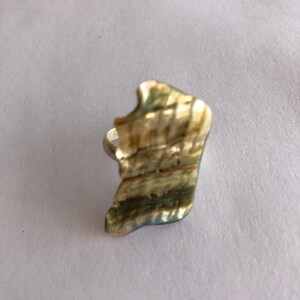 May include: A silver ring with a large, irregularly shaped, iridescent green and gold shell as the face.