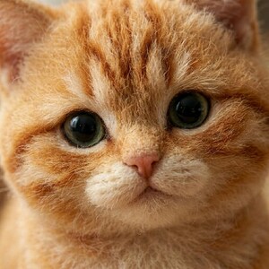 May include: A close-up portrait of a ginger tabby kitten with soft, textured orange fur, prominent dark stripes on its forehead, a small pink nose, and large, round, expressive green eyes that are looking directly forward at the viewer.