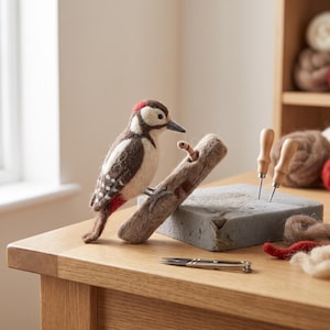 Spotted Woodpecker on Log with Tiny Worm Needle Felting Kit | Beginner Friendly Forest Bird Craft (DIY)