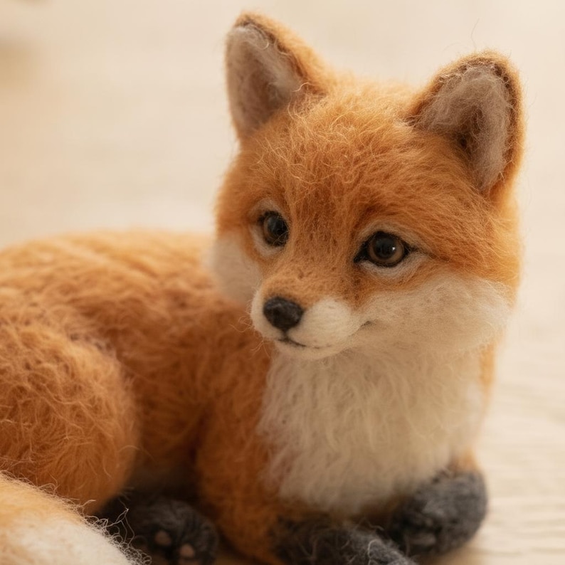 May include: A needle-felted fox figurine with textured orange and white fur. The fox has dark brown eyes, a small black nose, and dark gray paws. It is depicted in a resting position with its head turned slightly to the side, showcasing detailed craftsmanship.