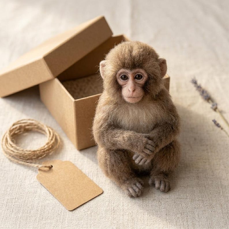 May include: A needle-felted monkey figurine with light brown and tan fur, featuring realistic facial features and dark eyes. The monkey sits in a seated position next to an open cardboard gift box, a coiled piece of twine, and a blank rectangular tag.