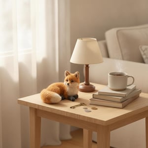 May include: A needle-felted orange and white fox figurine resting on a light wood table next to a small lamp, a stack of three books, a steaming mug, a metal key, and three small coins. The fox has dark ears and paws with a fluffy white tail tip.