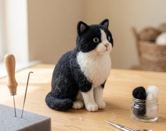 Black and White Tuxedo Cat Needle Felting Kit | Beginner Friendly Pet Animal Craft (DIY)