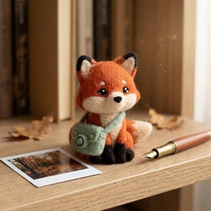 May include: A handmade orange fox ornament with a green camera bag, black paws, and a white chest. The fox is sat on a wooden shelf beside a photo and a pen. The fox has a cute, friendly expression.