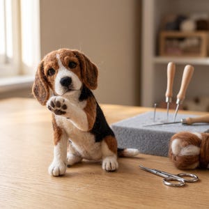 May include: A needle-felted beagle puppy figurine with brown, black, and white fur, sitting with one paw raised. Beside it are a grey foam block with two felting needles, a small ball of brown wool, and a pair of silver metal scissors.