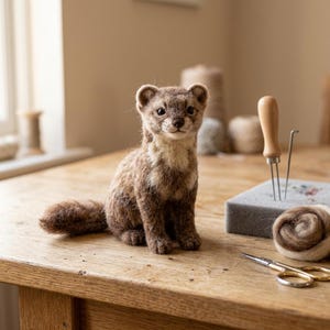 May include: A needle-felted brown and cream-colored weasel figurine with dark eyes and a small nose. The figure is positioned near a gray foam block containing a metal felting tool, a coiled roll of brown wool, and a pair of small metal scissors.