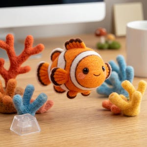 May include: A needle-felted clownfish figurine with bright orange, white, and dark brown stripes, featuring black eyes and pink cheeks. It is surrounded by several small, colourful felt coral structures in shades of orange, blue, and yellow.