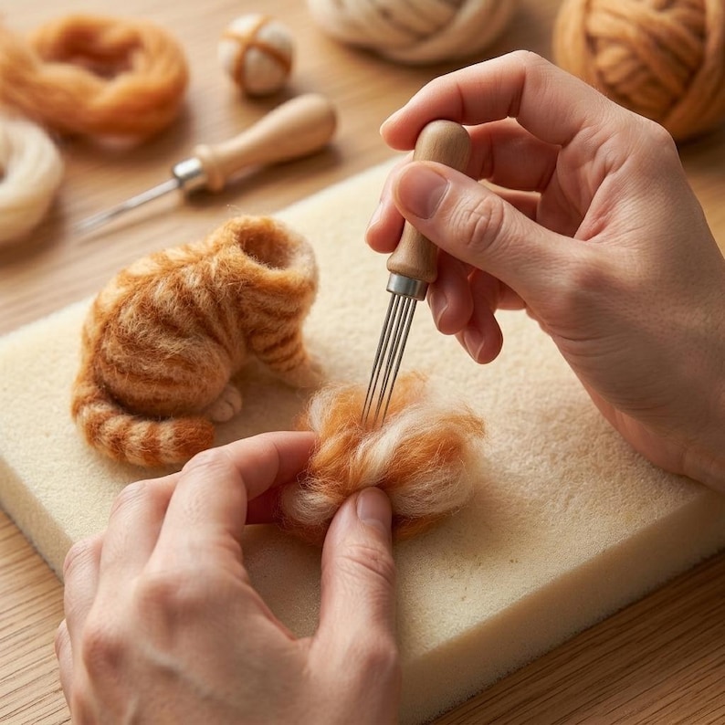May include: A needle felting tool with a wooden handle is used to shape orange and white wool roving into a small cat figurine. The project sits on a thick foam pad, surrounded by additional balls of wool and another felting tool nearby.