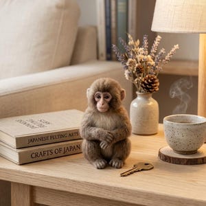 May include: A small, realistic needle-felted monkey figurine with brown and tan fur, sitting upright with hands folded. The monkey is positioned next to two books titled "Japanese Felting Arts" and "Crafts of Japan," a metal key, and a ceramic cup.