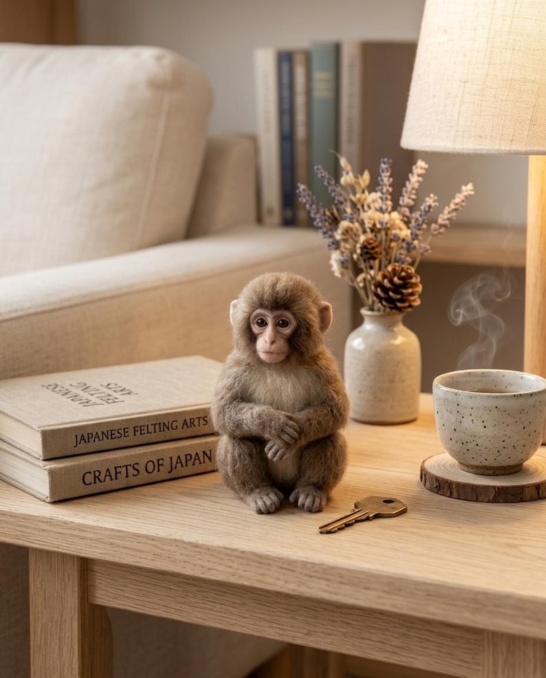 May include: A small, realistic needle-felted monkey figurine with brown and tan fur, sitting upright with hands folded. The monkey is positioned next to two books titled "Japanese Felting Arts" and "Crafts of Japan," a metal key, and a ceramic cup.
