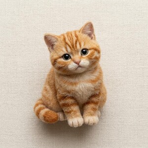 May include: A needle felted orange tabby kitten figurine with dark orange stripes, large dark eyes, and a small pink nose. The kitten is sitting in an upright position with its tail curled around its side, featuring a textured, fuzzy surface.