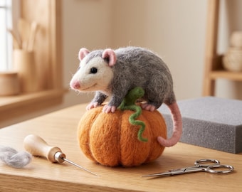 Cute Opossum Climbing On Small Pumpkin Needle Felting Kit Fluffy Wool Possum DIY Craft Kit