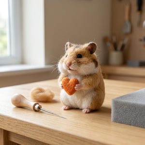 Könnte beinhalten: Eine nadelgefilzte Hamsterfigur mit braunem und weißem Fell, die ein kleines orangefarbenes Filzherz hält. Neben dem Hamster liegen eine Filznadel mit Holzgriff, ein kleines Büschel braune Wolle und ein rechteckiger grauer Schaumstoffblock.