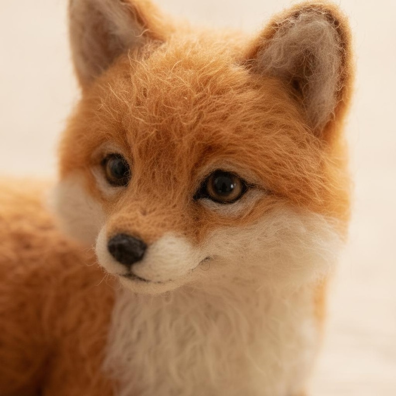 May include: A needle felted fox figurine featuring textured orange and white wool fibers. The fox has dark brown eyes, a small black nose, and pointed ears with white inner fur. The dense, fuzzy material creates a realistic appearance.