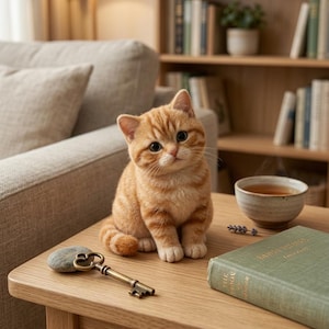May include: A small orange tabby kitten with dark stripes sits on a wooden table next to a vintage brass skeleton key, a smooth grey stone, a green hardcover book, and a ceramic bowl containing a warm beverage with visible steam rising.