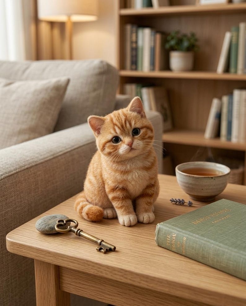 May include: A small orange tabby kitten with dark stripes sits on a wooden table next to a vintage brass skeleton key, a smooth grey stone, a green hardcover book, and a ceramic bowl containing a warm beverage with visible steam rising.
