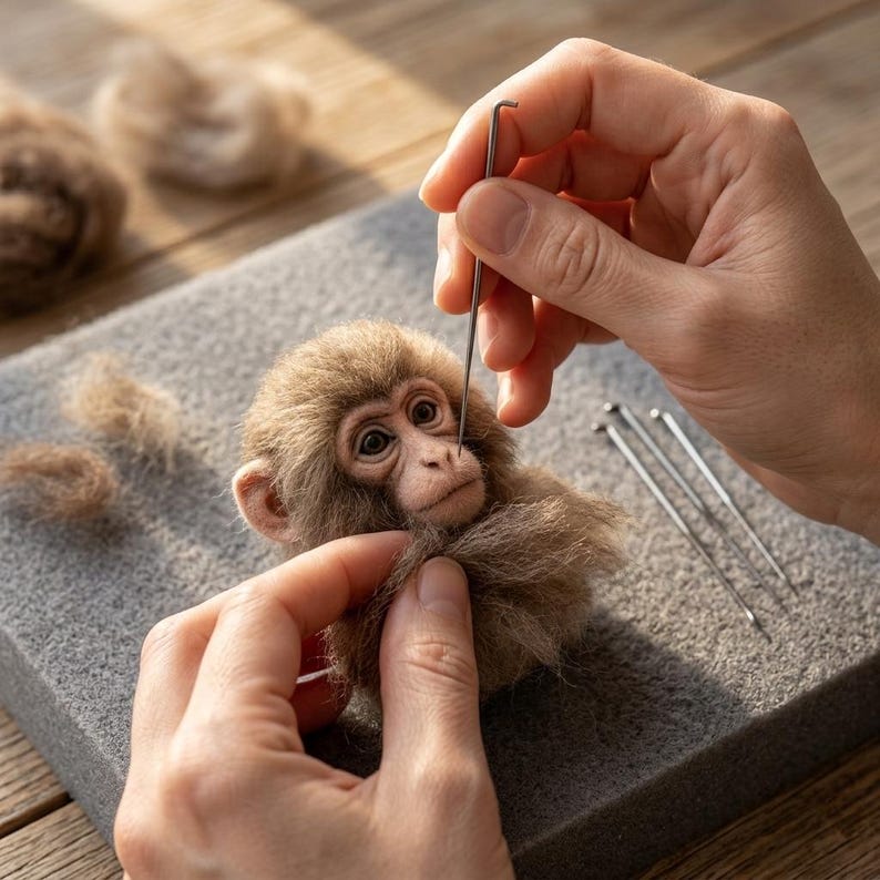 May include: A needle felting project featuring a small, realistic monkey figurine made of light brown wool fibers. The monkey has detailed facial features, including dark eyes and a soft texture. A metal felting needle is positioned near the face.