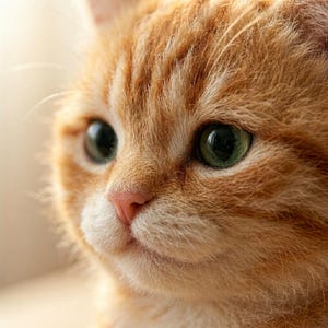 May include: A close-up portrait of a ginger tabby cat with soft orange fur and distinct dark stripes on its forehead. The cat has large, expressive green eyes, a small pink nose, and white whiskers extending from its muzzle, captured in bright light.