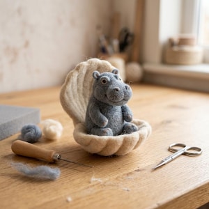 May include: A needle-felted grey hippopotamus figurine sitting inside a cream-coloured felted seashell. The hippo has small ears, dark eyes, and a rounded snout. Nearby are a wooden-handled felting needle, small scissors, and loose wool.