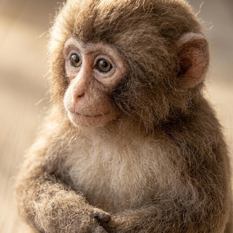 May include: A needle felted sculpture of a baby Japanese macaque monkey. The figure features textured, light brown wool fibers, realistic dark eyes, and a soft, rounded face. The monkey is depicted in a seated position with its arms folded together.