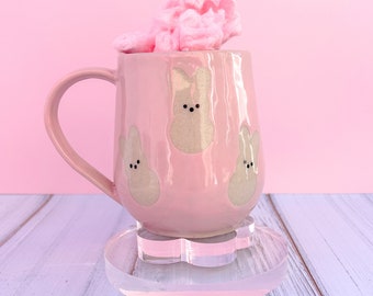 Pink Bunny Spring Ceramic Mug, Spring Gift For Her, Retro Spring Mug, Easter Gift for Her, Cute Bunny Mug Handmade, Cute Easter Mugs