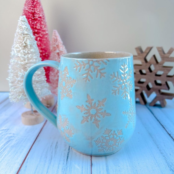Blue Snowflake 16 Ounce Ceramic Mug, Winter Coffee Mug, Christmas Mug Ceramic Handmade, Stoneware Mug, Holiday Cup, Cozy Cabin Gift, Winter