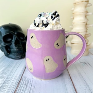 Purple Ghost 16 Ounce Ceramic Mug, Autumn Gift For Her, Retro Fall Mug, Halloween Gift, Spooky Mug Handmade, Cute Autumn Mugs, Fall Gift Mom