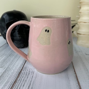 Pink Ghost 16 Ounce Ceramic Mug, Autumn Gift For Her, Retro Fall Mug, Halloween Gift, Spooky Mug Handmade, Cute Autumn Mugs, Fall Gift Mom