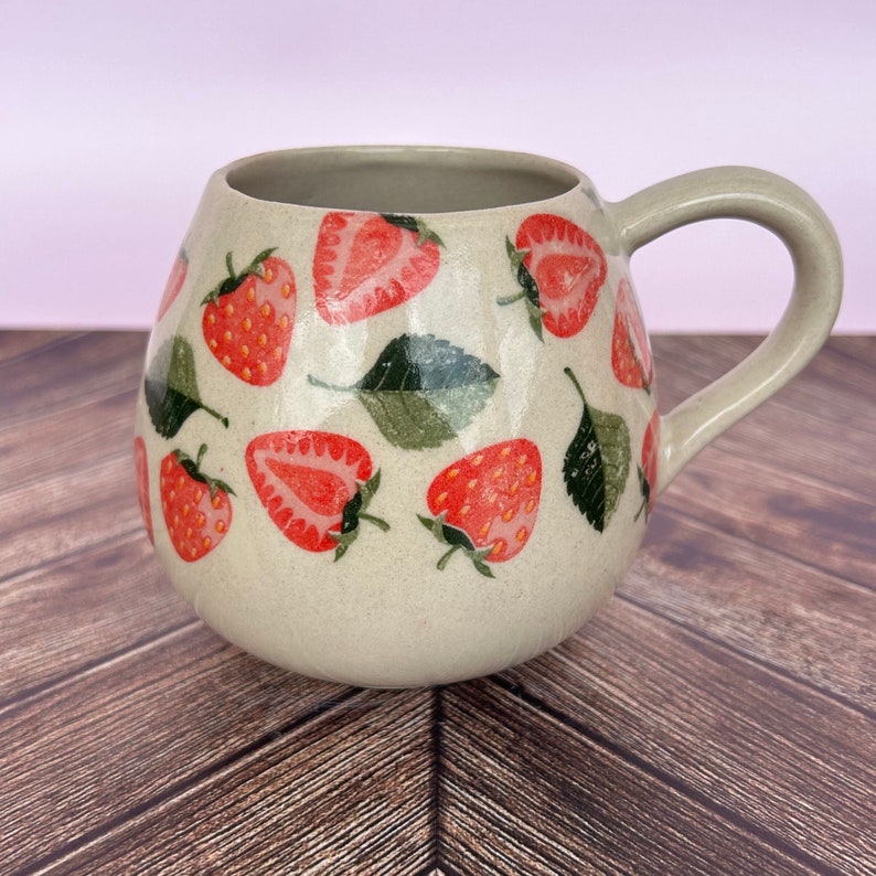 Strawberry 12 Ounce Ceramic Mug, Mug Handmade, Gardener Gift Idea, Strawberry Lovers, Berry Mug For Mom, Gift for Wife, Strawberries cup image 3