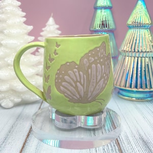 Light Green Butterfly Ceramic Mug, Handmade Mug, Ceramics Pottery Mugs, Stoneware Mug, Hand Made Pottery Mugs, Large Coffee Mug