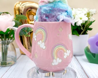 Rosa Regenbogen-Keramikbecher, Regenbogen-Kaffeetasse, Geschenk für Frauen, Regenbogen-Geschenk für Freund, niedlicher Becher handgemacht, handgemachter Keramikbecher