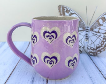 Purple Heart 16 Ounce Ceramic Mug, Heart Coffee Mug Ceramic, Groovy Gift Women, Heart Gift For Friend, Cute Mug Handmade, Retro Heart Cup