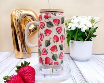 Strawberry Tumbler Ceramic Mug, Strawberry Lovers Gift, Gardener Gift For Her, Cottagecore Mug, Strawberry Decor, Cute Ceramic Mug, Beer Can